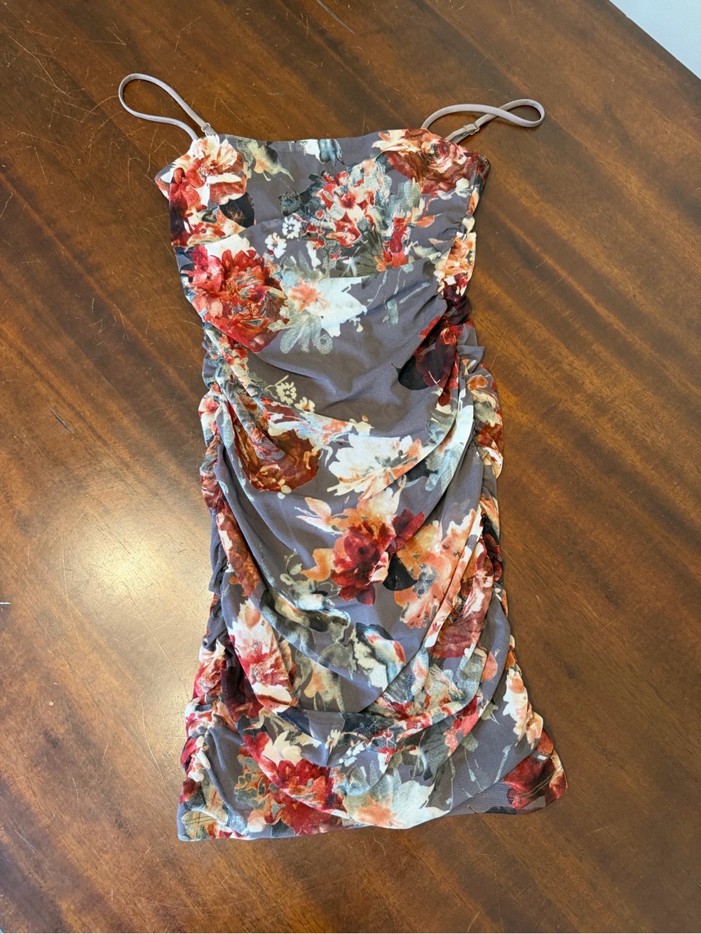 Windsor Gray Floral Ruched Slip Mini Dress with Red & Cream Blooms